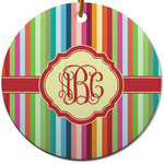 Retro Vertical Stripes Round Ceramic Ornament w/ Monogram