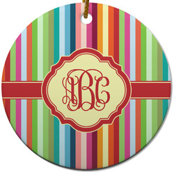 Retro Vertical Stripes Round Ceramic Ornament w/ Monogram