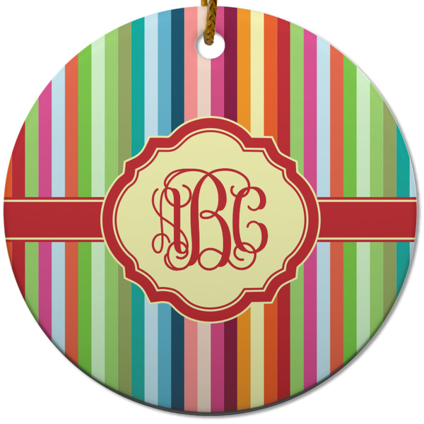 Custom Retro Vertical Stripes Round Ceramic Ornament w/ Monogram