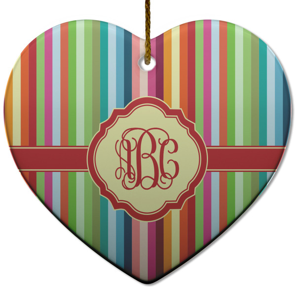 Custom Retro Vertical Stripes Heart Ceramic Ornament w/ Monogram