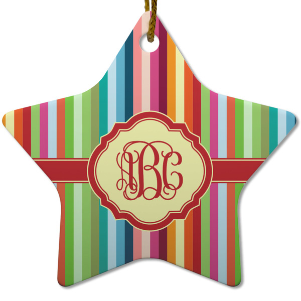 Custom Retro Vertical Stripes Star Ceramic Ornament w/ Monogram