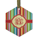 Retro Vertical Stripes Flat Glass Ornament - Hexagon w/ Monogram