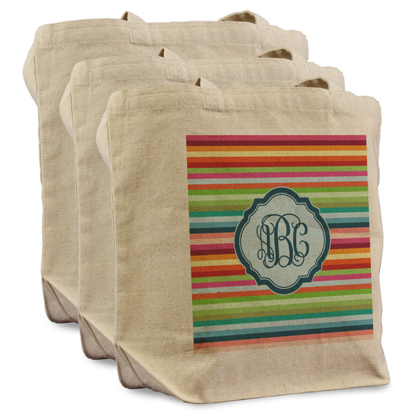 Custom Retro Horizontal Stripes Reusable Cotton Grocery Bags - Set of 3 (Personalized)