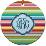 Retro Horizontal Stripes Round Ceramic Ornament w/ Monogram