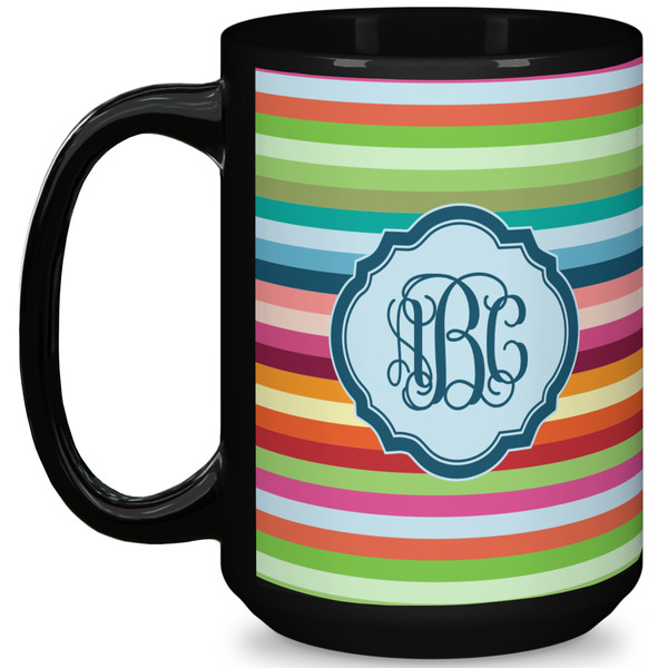 Custom Retro Horizontal Stripes 15 Oz Coffee Mug - Black (Personalized)