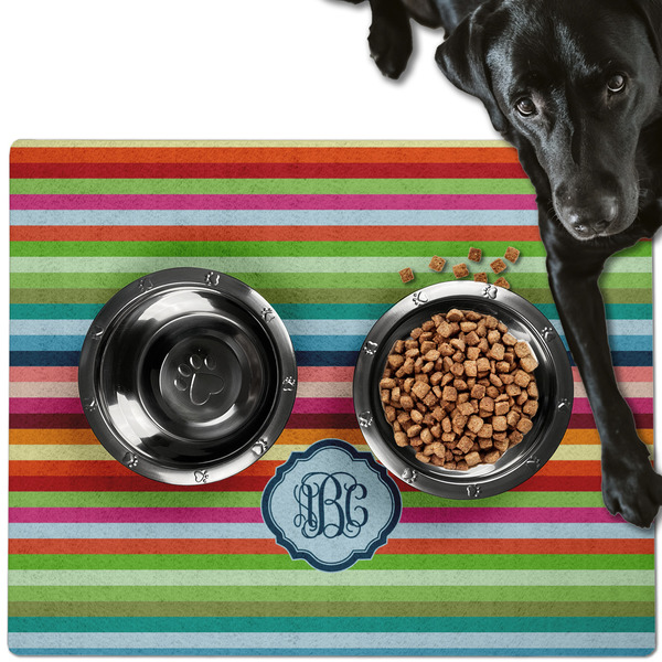 Custom Retro Horizontal Stripes Dog Food Mat - Large w/ Monogram