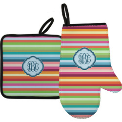 Retro Horizontal Stripes Right Oven Mitt & Pot Holder Set w/ Monogram