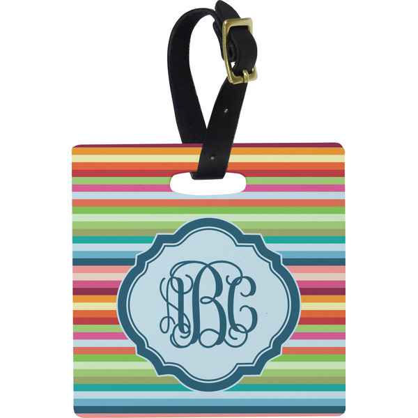 Custom Retro Horizontal Stripes Plastic Luggage Tag - Square w/ Monogram