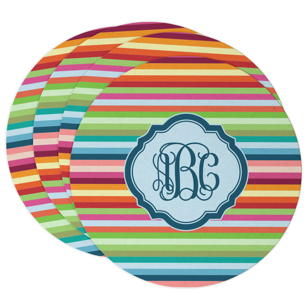 Custom Retro Horizontal Stripes Round Paper Coasters w/ Monograms