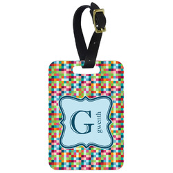 Retro Pixel Squares Metal Luggage Tag w/ Name and Initial