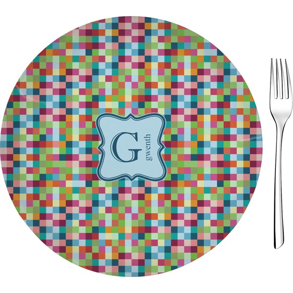 Custom Retro Pixel Squares Glass Appetizer / Dessert Plate 8" (Personalized)