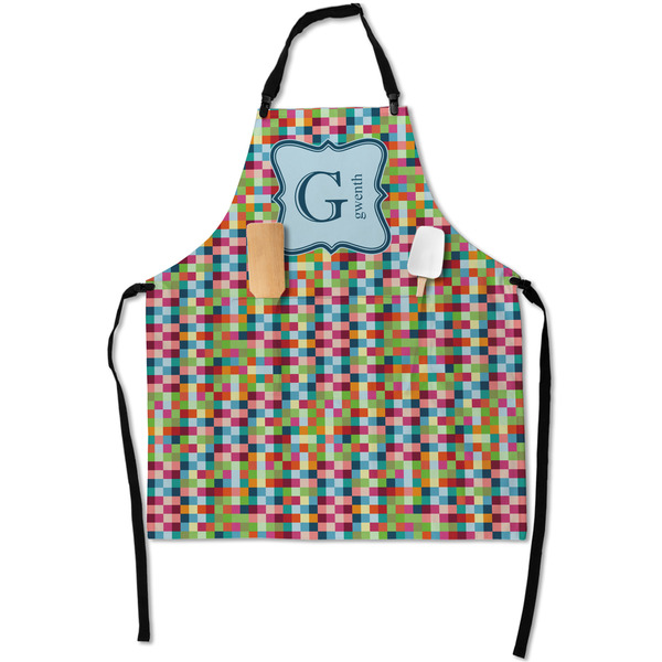 Custom Retro Pixel Squares Apron With Pockets w/ Name and Initial