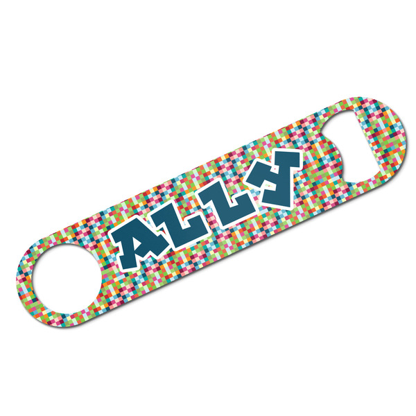 Custom Retro Pixel Squares Bar Bottle Opener - White w/ Name and Initial