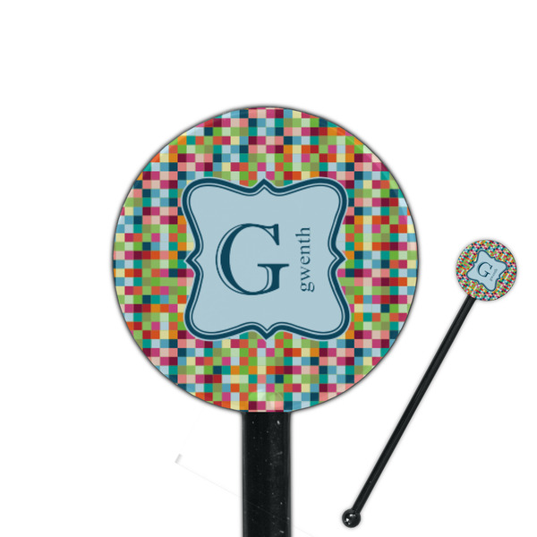 Custom Retro Pixel Squares 5.5" Round Plastic Stir Sticks - Black - Double Sided (Personalized)