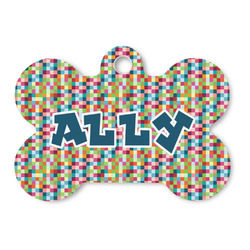 Retro Pixel Squares Bone Shaped Dog ID Tag - Large (Personalized)