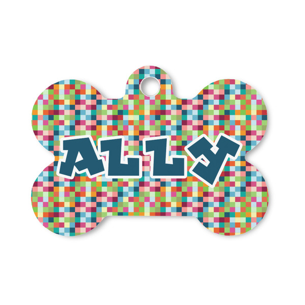 Custom Retro Pixel Squares Bone Shaped Dog ID Tag - Small (Personalized)