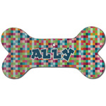 Retro Pixel Squares Ceramic Dog Ornament - Front w/ Name and Initial