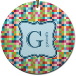 Retro Pixel Squares Round Ceramic Ornament w/ Name and Initial