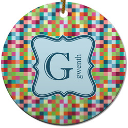 Retro Pixel Squares Round Ceramic Ornament w/ Name and Initial