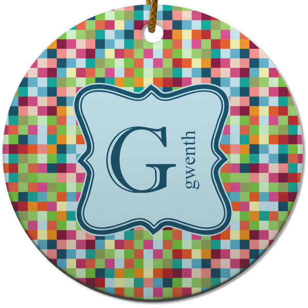 Custom Retro Pixel Squares Round Ceramic Ornament w/ Name and Initial