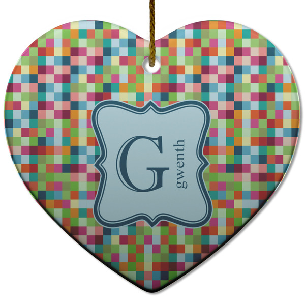 Custom Retro Pixel Squares Heart Ceramic Ornament w/ Name and Initial