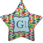 Retro Pixel Squares Star Ceramic Ornament w/ Name and Initial