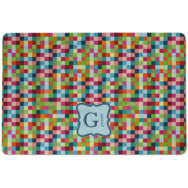 Custom Retro Pixel Squares Dog Food Mat w/ Name and Initial