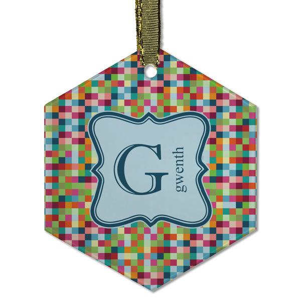 Custom Retro Pixel Squares Flat Glass Ornament - Hexagon w/ Name and Initial