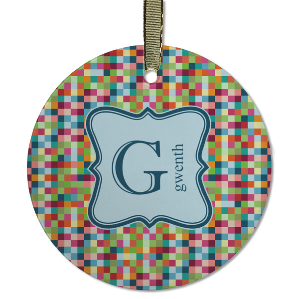 Custom Retro Pixel Squares Flat Glass Ornament - Round w/ Name and Initial