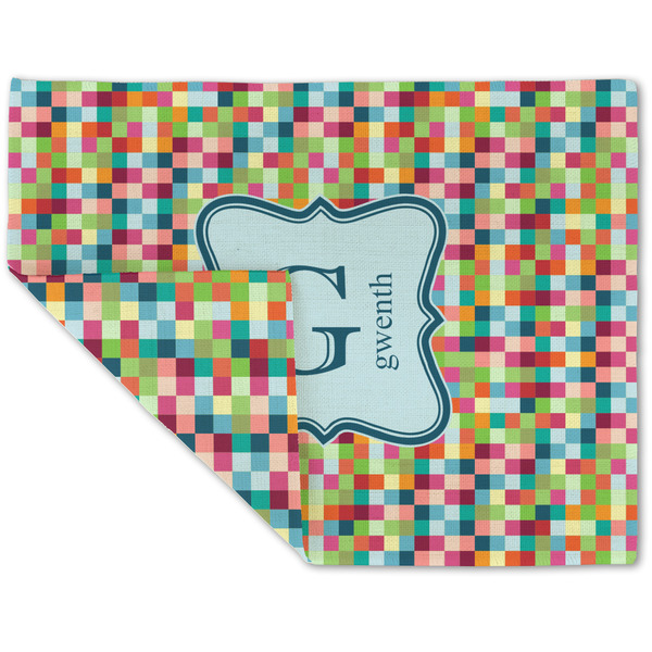 Custom Retro Pixel Squares Double-Sided Linen Placemat - Single w/ Name and Initial