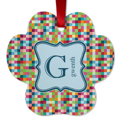 Retro Pixel Squares Metal Paw Ornament - Double Sided w/ Name and Initial