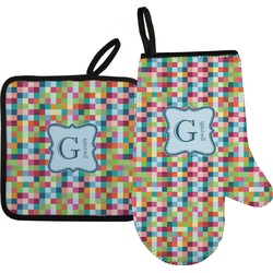 Retro Pixel Squares Right Oven Mitt & Pot Holder Set w/ Name and Initial