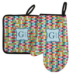 Retro Pixel Squares Left Oven Mitt & Pot Holder Set w/ Name and Initial