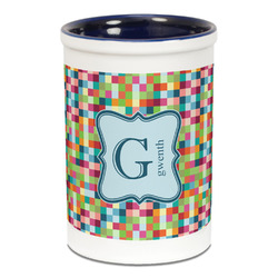 Retro Pixel Squares Ceramic Pencil Holders - Blue