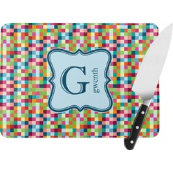 Retro Pixel Squares Rectangular Glass Cutting Board - Large - 15.25"x11.25" w/ Name and Initial