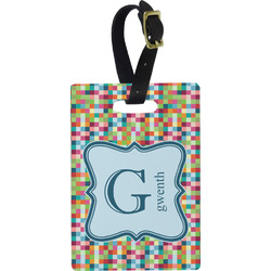 Retro Pixel Squares Plastic Luggage Tag - Rectangular w/ Name and Initial