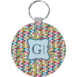 Retro Pixel Squares Round Plastic Keychain (Personalized)