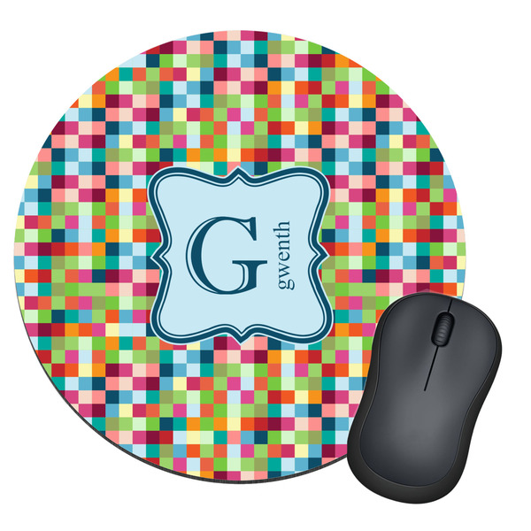 Custom Retro Pixel Squares Round Mouse Pad (Personalized)