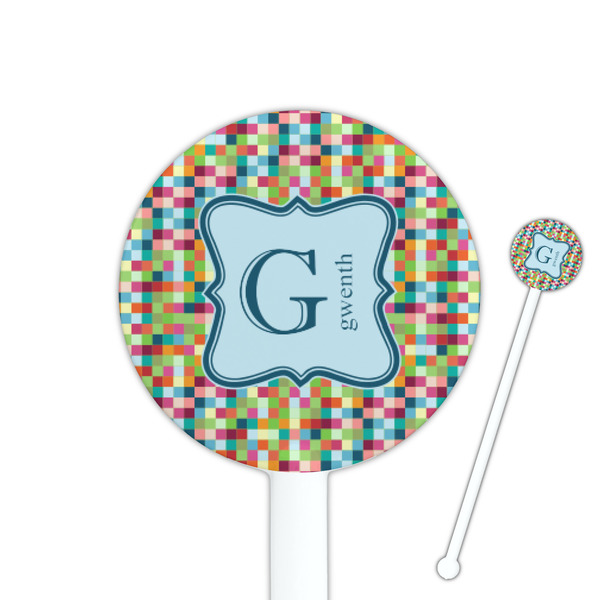 Custom Retro Pixel Squares 5.5" Round Plastic Stir Sticks - White - Double Sided (Personalized)