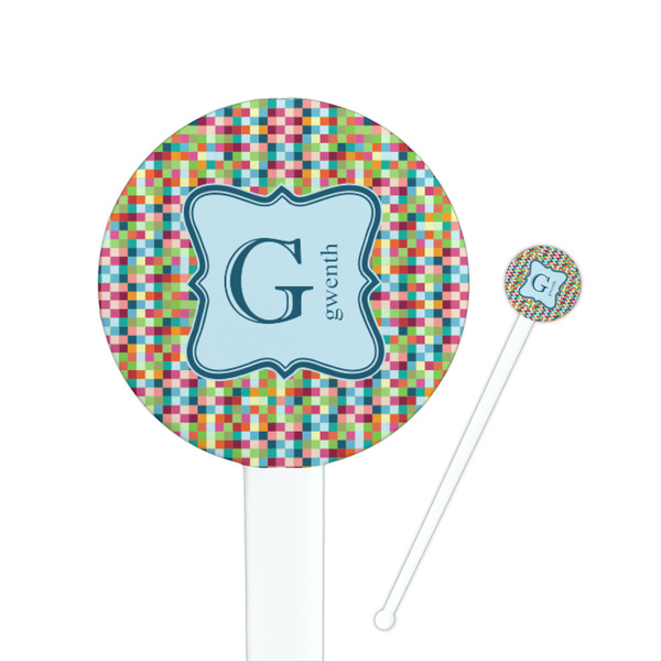 Custom Retro Pixel Squares 7" Round Plastic Stir Sticks - White - Double Sided (Personalized)