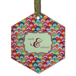 Retro Fishscales Flat Glass Ornament - Hexagon w/ Couple's Names