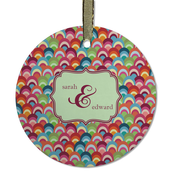 Custom Retro Fishscales Flat Glass Ornament - Round w/ Couple's Names