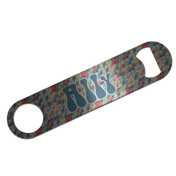 Custom Retro Triangles Bar Bottle Opener - Silver w/ Monogram