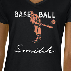 Retro Baseball Women's V-Neck T-Shirt - Black - 2XL (Personalized)