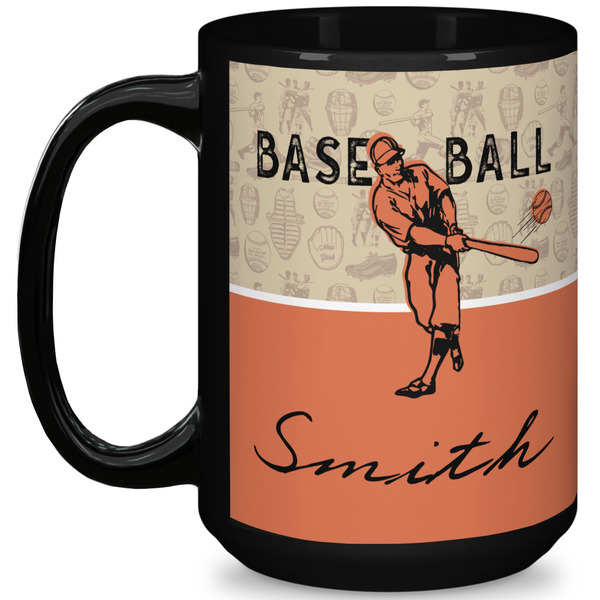 Custom Retro Baseball 15 Oz Coffee Mug - Black (Personalized)