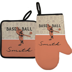 Retro Baseball Oven Mitt & Pot Holder Set w/ Name or Text