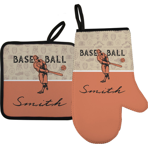 Custom Retro Baseball Right Oven Mitt & Pot Holder Set w/ Name or Text