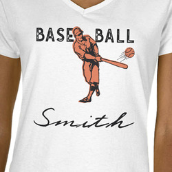 Retro Baseball Women's V-Neck T-Shirt - White - Small (Personalized)