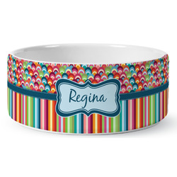 Retro Scales & Stripes Ceramic Dog Bowl - Medium (Personalized)