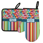 Retro Scales & Stripes Left Oven Mitt & Pot Holder Set w/ Name or Text